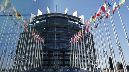 Viele Flaggen, ein gemeinsames Parlament: Blick aufs Gebäude in Straßburg. 