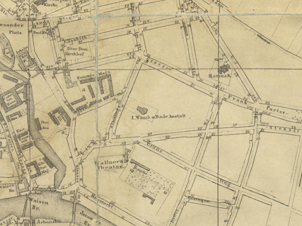 Ein Plan aus dem Jahr 1861: In der Mitte ist die Wasch- und Badeanstalt verzeichnet.