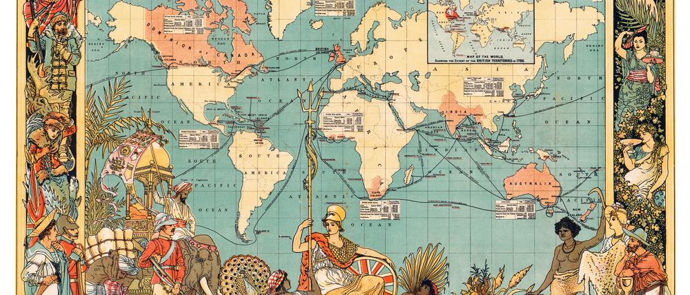 Weltkarte mit Abbildung der Britischen Kolonien, London 1886.