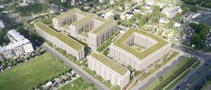 So soll das Quartier einmal aussehen: An der Landsberger Allee in Lichtenberg, Berlin werden 1.500 Wohnungen in modularer Bauweise gebaut (Illustration).