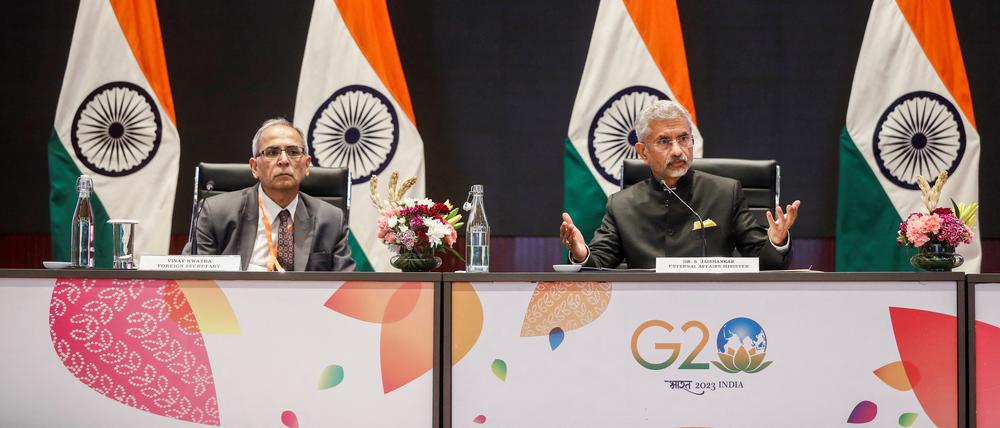 Der indische Außenminister Subrahmanyam Jaishankar spricht während einer Pressekonferenz der G20-Präsidentschaft in Neu Delhi.
