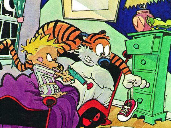 Unzertrennlich: Der auf ewig sechsjährige Calvin und sein Plüschtiger Hobbes, der im Strip zum Leben erwacht.
