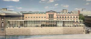 Blick auf die James Simon-Galerie vom Westen, eine Computersimulation. Die Eröffnung des zentralen Zugangs zur Berliner Museumsinsel ist nach mehreren Verschiebungen für 2017 geplant. 