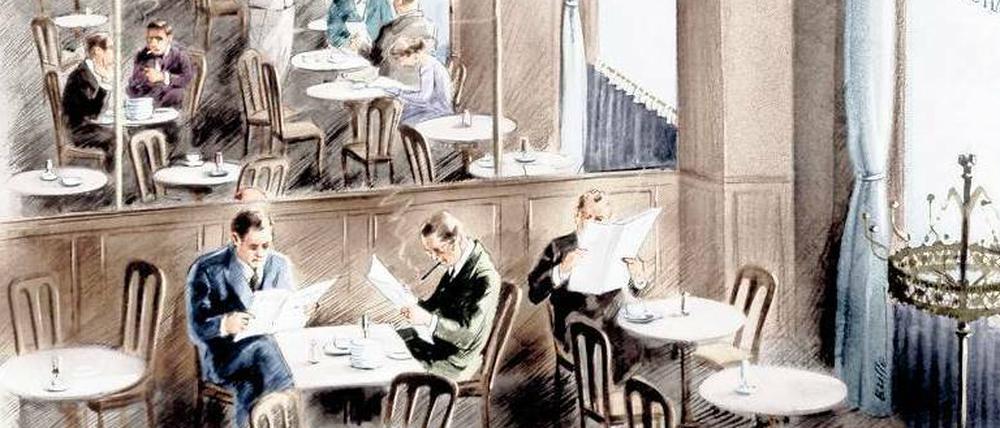 Zeitunglesen im Romanischen Café. Nachkolorierte Zeichnung von 1930. 