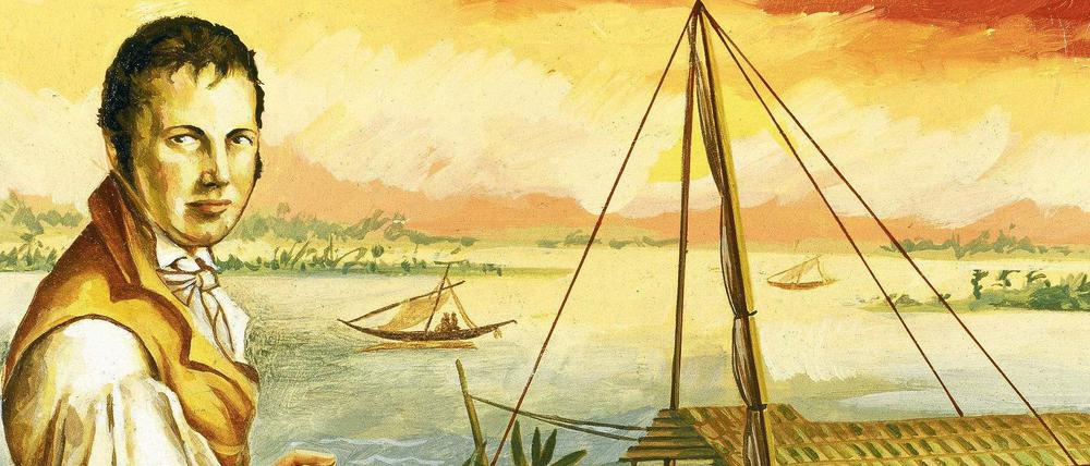 Diese Collage zeigt Alexander von Humboldt am Orinoco, gemalt von Friedrich Georg Weitsch, und daneben ein von Humboldt selbst gezeichnetes Floß in Ecuador.