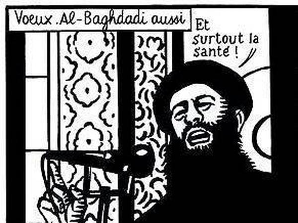 Der letzte Tweet der Redaktion mit einer Zeichnung des ebenfalls ermordeten Philippe Honoré: die Neujahrswünsche von IS-Chef Abu Bakr Al-Baghdadi.
