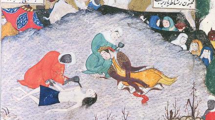 Ohnmacht beim Wiedersehen. Leila und Madschnun in einer persischen Miniatur aus dem 15. Jahrhundert.