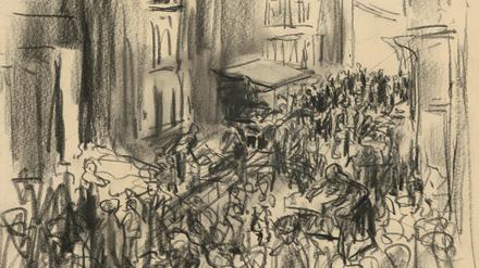 Max Liebermann, Judengasse in Amsterdam, 1905, schwarze Kreide auf Papier.