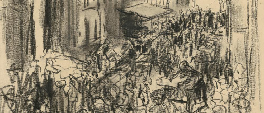 Max Liebermann, Judengasse in Amsterdam, 1905, schwarze Kreide auf Papier.