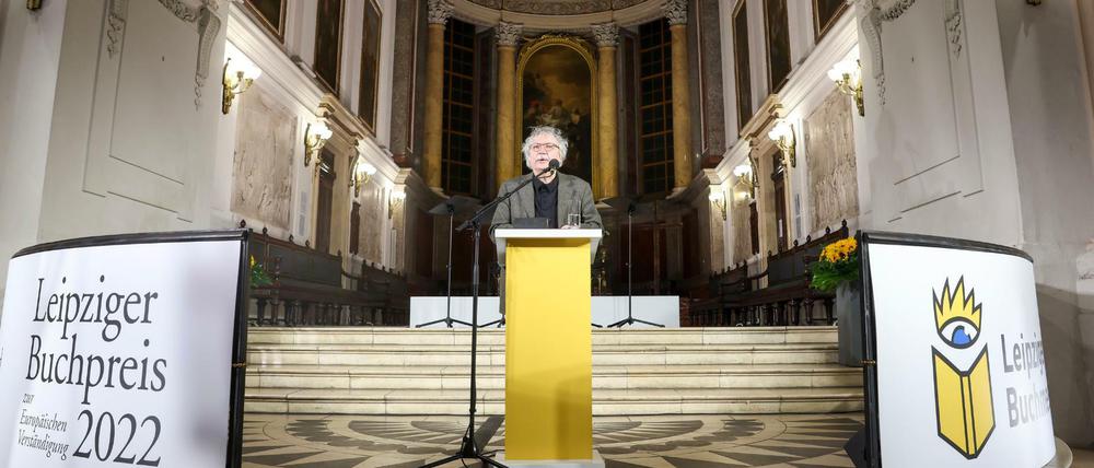 Der Schriftsteller Karl-Markus Gauß bei seiner Dankesrede für den Leipziger Buchpreis zur Europäischen Verständigung, den er in der Nikolaikirche erhielt. 