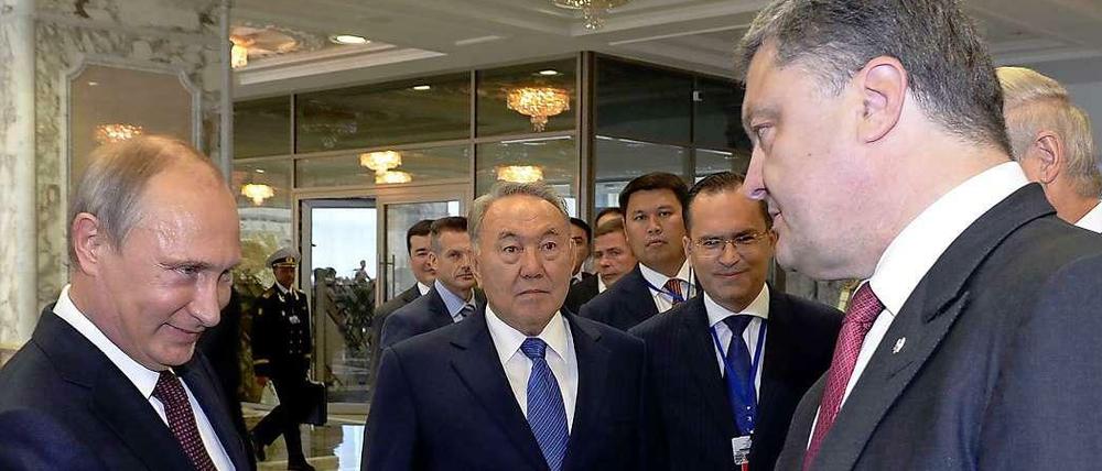 Russlands Präsident Wladimir Putin und sein ukrainischer Amtskollege Petro Poroschenko reichen einander die Hand.