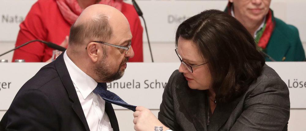 Martin Schulz und Andrea Nahles beim Bundesparteitag der SPD im Dezember 2017 in Berlin. 