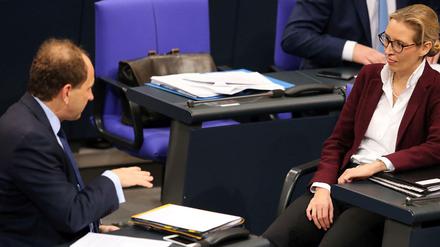 Erste Kontakte: Die Fraktionsvorsitzende der AfD, Alice Weidel, unterhält sich mit dem FDP-Abgeordneten Alexander Graf Lambsdorff. 