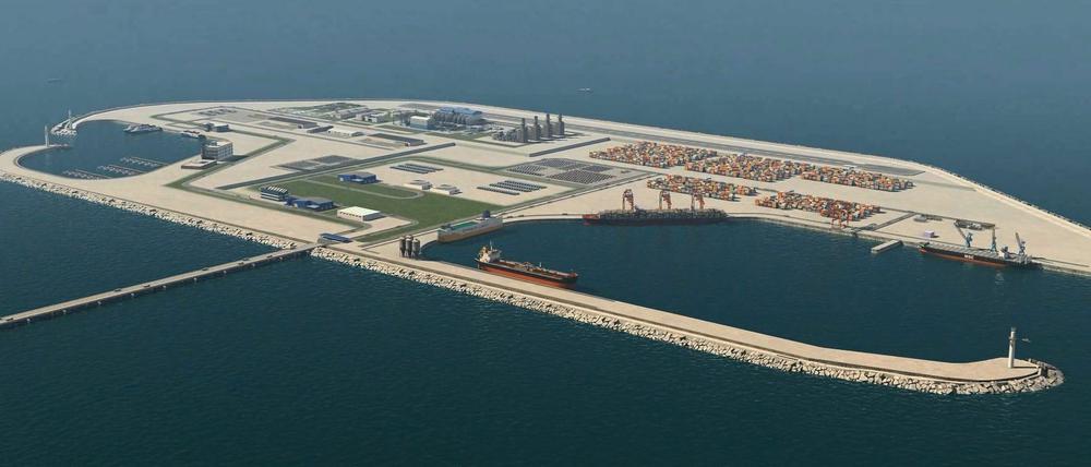 Die vom israelischen Transportministerium in einem Video veröffentlichte Grafik zeigt einen geplanten Inselhafen vor der Küste des Gazastreifens. 