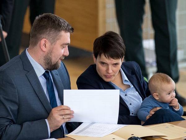 Nach dem Rückzug aus der AfD: Uwe Wurlitzer, Frauke Petry und ihr Sohn Ferdinand im sächsischen Landtag.