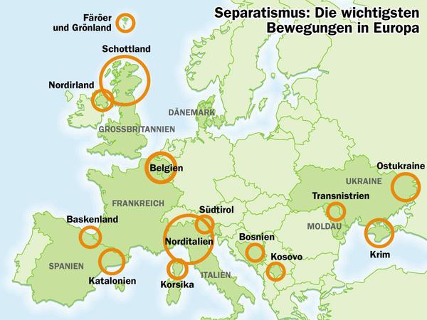 Separatisten sind in vielen Staaten Europas aktiv - auf der Karten sind nur die wichtigsten Bewegungen verzeichnet.