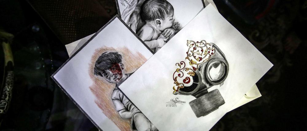 Akram abu al-Fox, ein syrischer Künstler, hat die Schrecken eines Chemiewaffenangriffs versucht, in Bilder zu übersetzen. 
