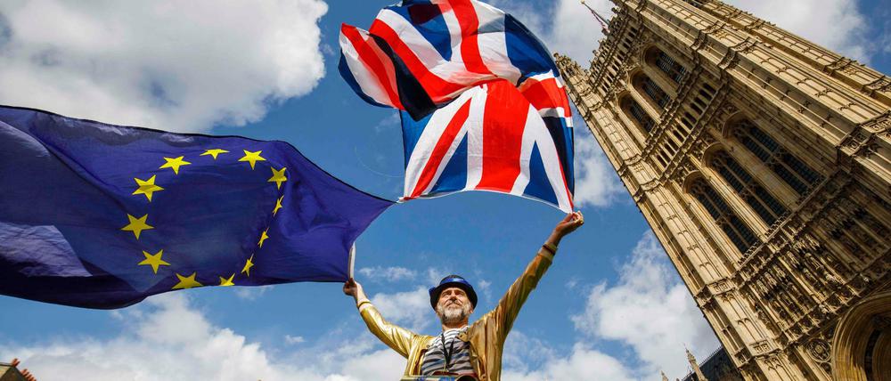 Vor dem britischen Parlament demonstriert ein Brexit-Gegner mit der EU-Flagge und der des Vereinten Königreichs gegen einen Austritt des Landes aus der Europäischen Union.