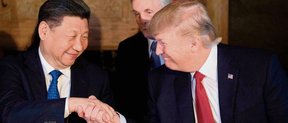 US-Präsident Donald Trump und Chinas Präsident Xi Jinping reichen sich bei einem Abendessen in Mar-a-Lago, Florida, die Hand.