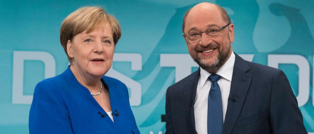 Zusammen oder gegeneinander? Eine nächste große Koalition ist nicht ausgeschlossen nach dem "Duell" von Angela Merkel (links) und Martin Schulz (rechts). 