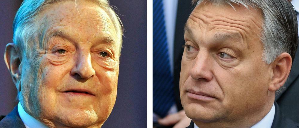 Eine Bildkombo zeigt den US-Milliardär George Soros (l, am 12.06.2013 in Budapest, Ungarn) und den ungarischen Ministerpräsidenten Viktor Orban (am 23.09.2015 in Staffelstein, Deutschland).  