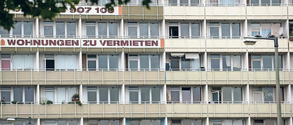 "Wohnungen zu vermieten" steht in großen Lettern an Balkonen eines Mietshauses in Berlin.