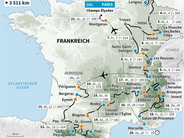 In 21 Etappen geht es von Düsseldorf nach Paris. 