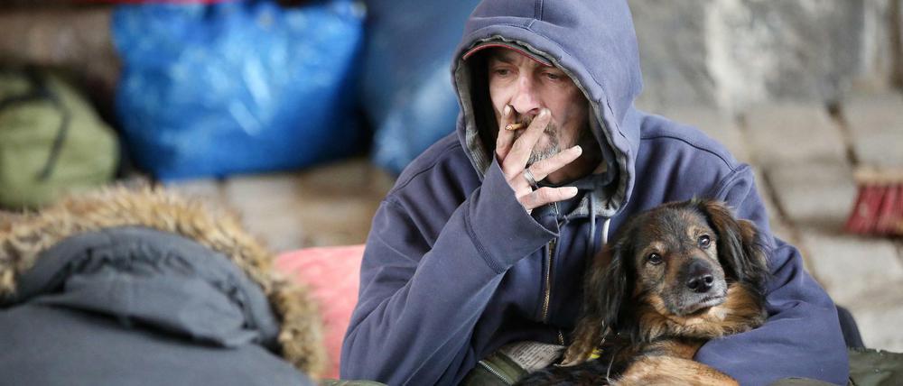 Der obdachlose Slowake Stano sitzt ei Temperaturen um den Gefrierpunkt mit seinem Hund Mob zwischen Decken und Matratzen unter einer Brücke an der Helgoländer Allee in Hamburg. 