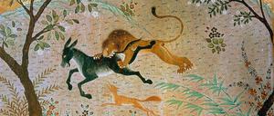 Eine Illustration einer Fabel zeigt einen Löwen, der einen Esel reißt.