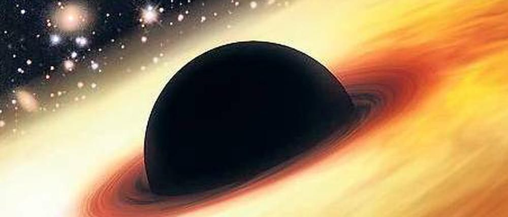 Massemonster. Künstlerische Darstellung des Schwarzen Lochs im Zentrum einer Galaxie. Sie leuchtet so hell wie 430 Billionen Sonnen und konnte daher trotz der großen Entfernung entdeckt werden. 