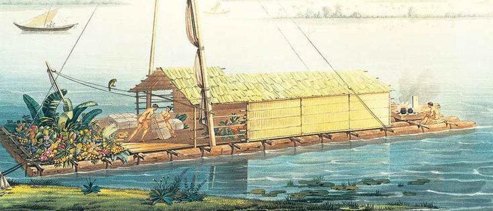Kunst des Reisens. Für seine „Ansichten der Kordilleren und Monumente der eingeborenen Völker Amerikas“ hielt Alexander von Humboldt die Begegnung mit Floßfahrern auf dem Río Guayas fest. 