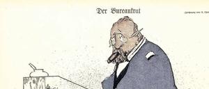 Eine Zeichnung zeigt einen beleibten, bärtigen älteren Mann mit einer Zigarre im Mund, der an einem Stehpult steht.