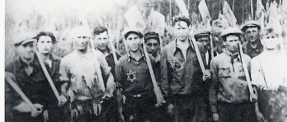 Eine Gruppe von Männern steht mit geschulterten Schaufeln vor einem Waldrand, einige von ihnen tragen einen Judenstern.