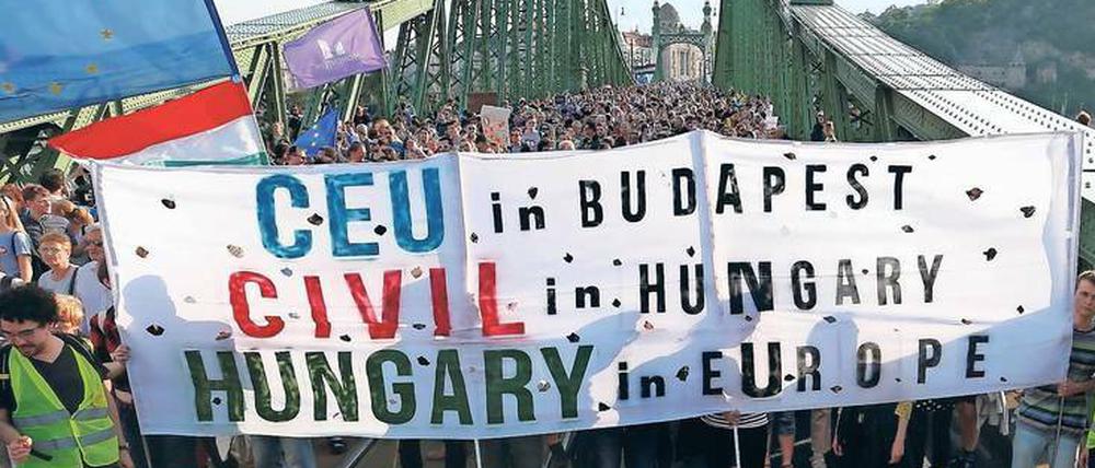 Demonstranten stehen auf einer Brücke, in der ersten Reihe halten sie ein Plakat hoch, auf dem unter anderem zu lesen ist: CEU in Budapest, Hungary in Europe.