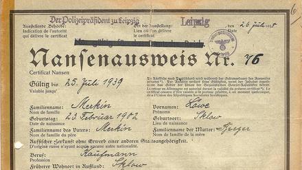 Mit diesem Dokument reiste der aus Russland stammende Kaufmann Lew Merkin 1938 von Leipzig nach England aus. 