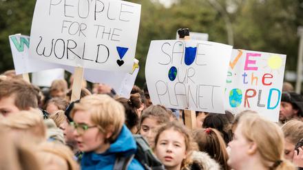 Kinder nehmen an einer Demonstration teil und halten Schilder mit Aufschriften wie Save our Planet hoch.