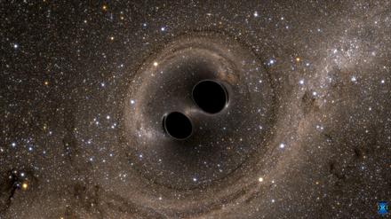 Kosmische Kollision. Gravitationswellen entstehen unter anderem beim Verschmelzen zweier Schwarzer Löcher. 