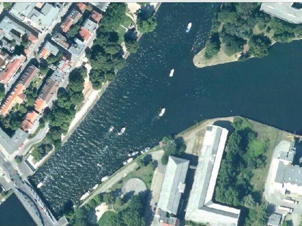 Hier das Spandauer Horn aus der Luft. Die Havel liegt links, die Spree kommt von rechts. Unten die Charlottenbrücke.
