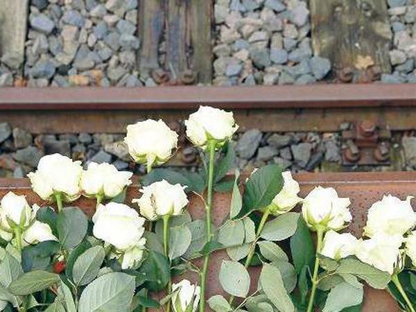 Das Mahnmal am Gleis 17 am Bahnhof Grunewald mit weißen Rosen, die bei einer der regelmäßigen Gedenkstunden niedergelegt wurden.