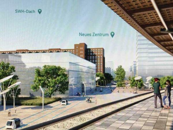 Herbst 2020. Hier ein paar Platzhalter, wo die Gebäude stehen sollen. Die Simu zeigt den S-Bahnhof Siemensstadt und den neuen zentralen Vorplatz, dahinter den Boulevard.