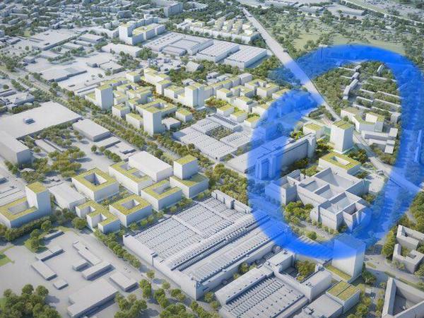 Herbst 2020. Der blaue Kreis zeigt den Ort des Baustarts am S-Bahnhof. Das 150-Meter-Haus links davon war schon nicht mehr zu sehen. Offiziell sagte Siemens: "Noch keine Entscheidung gefallen".