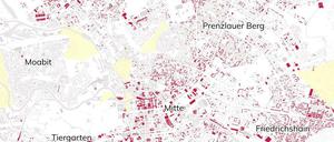 So sähe Berlin aus, wenn es so zerstört wäre wie Aleppo. Die rote Farbe steht für zerstörte Häuser. Hotspot ist Mitte.