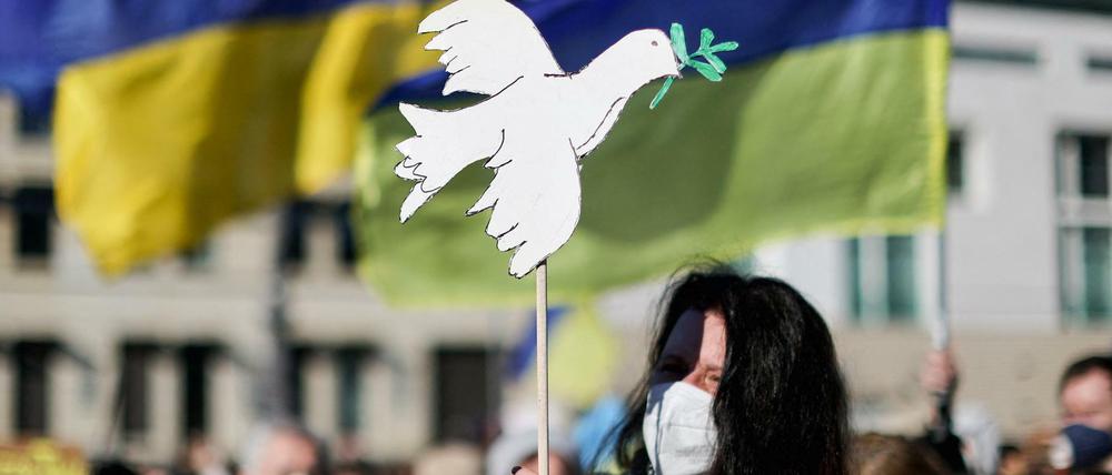 Kleine weiße Friedenstaube bei der Demonstration am Sonntag in Berlin.