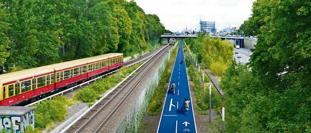 Links S-Bahn, rechts Autobahn, in der Mitte: Fahrradautobahn. Die Idee der Südwest-CDU.