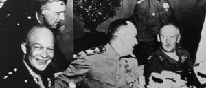 US-General Dwight D. Eisenhower, der sowjetische Marschall Georgi Schukow und sein britischer Kollege Bernard Montgomery im Gasthaus Wendenschloß (v.l.)