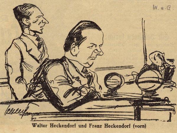 Beim Prozess um den Diebstahl der Kolbe-Skulptur erschien in der "Welt am Abend" (7. August 1931) diese Zeichnung mit den beiden Angeklagten.