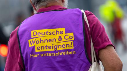 Seit zwei Monaten sammeln mit lilafarbenen Westen gekennzeichnete Unterstützer der Initiative "Deutsche Wohnen &amp; Co. enteignen" Unterschriften für einen Volksentscheid.
