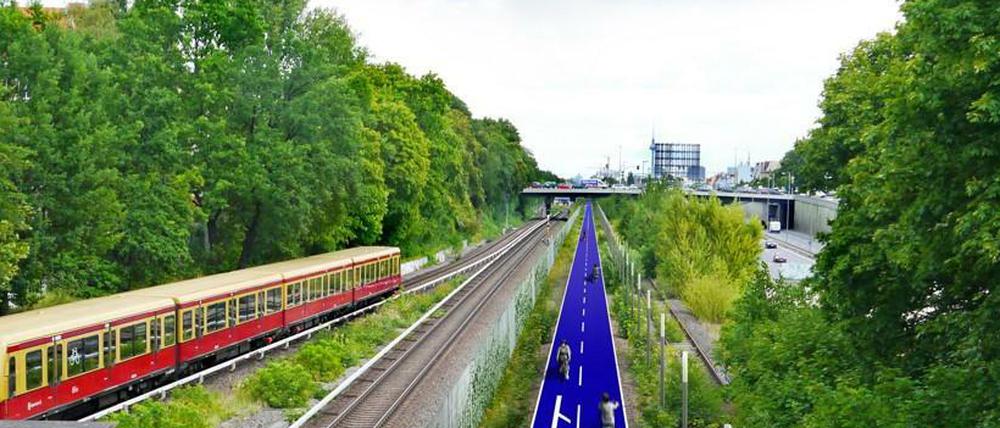 Die CDU in Steglitz-Zehlendorf möchte auf der stillgelegten Stammbahn von Zehlendorf zum Gleisdreieck Berlins erste Fahrrad-Schnellstraße bauen - und so könnte sie aussehen.