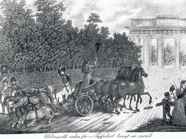 „Übermuth nahm sie – Tapferkeit bringt sie zurück“. So stand es unter einer Karikatur zur Rückführung der Quadriga nach Berlin (Punktierstich, 1814, von Daniel Berger). 