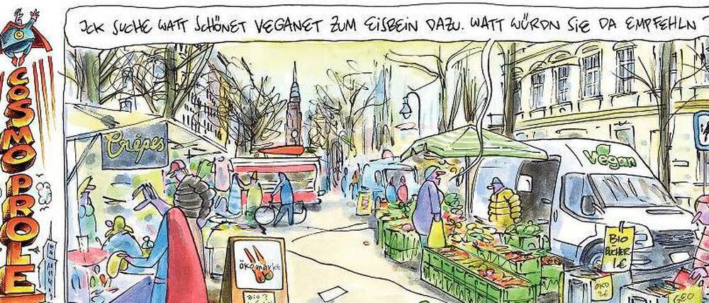 Als Cartoonist ist Olaf Schwarzbach alias OL ein genauer Beobachter des sozialen Wandels in der Stadt. Jetzt ist bei Lappan ein neuer Sammelband seiner Serie „Cosmoprolet“ erschienen (96 S., 9,95 €). 